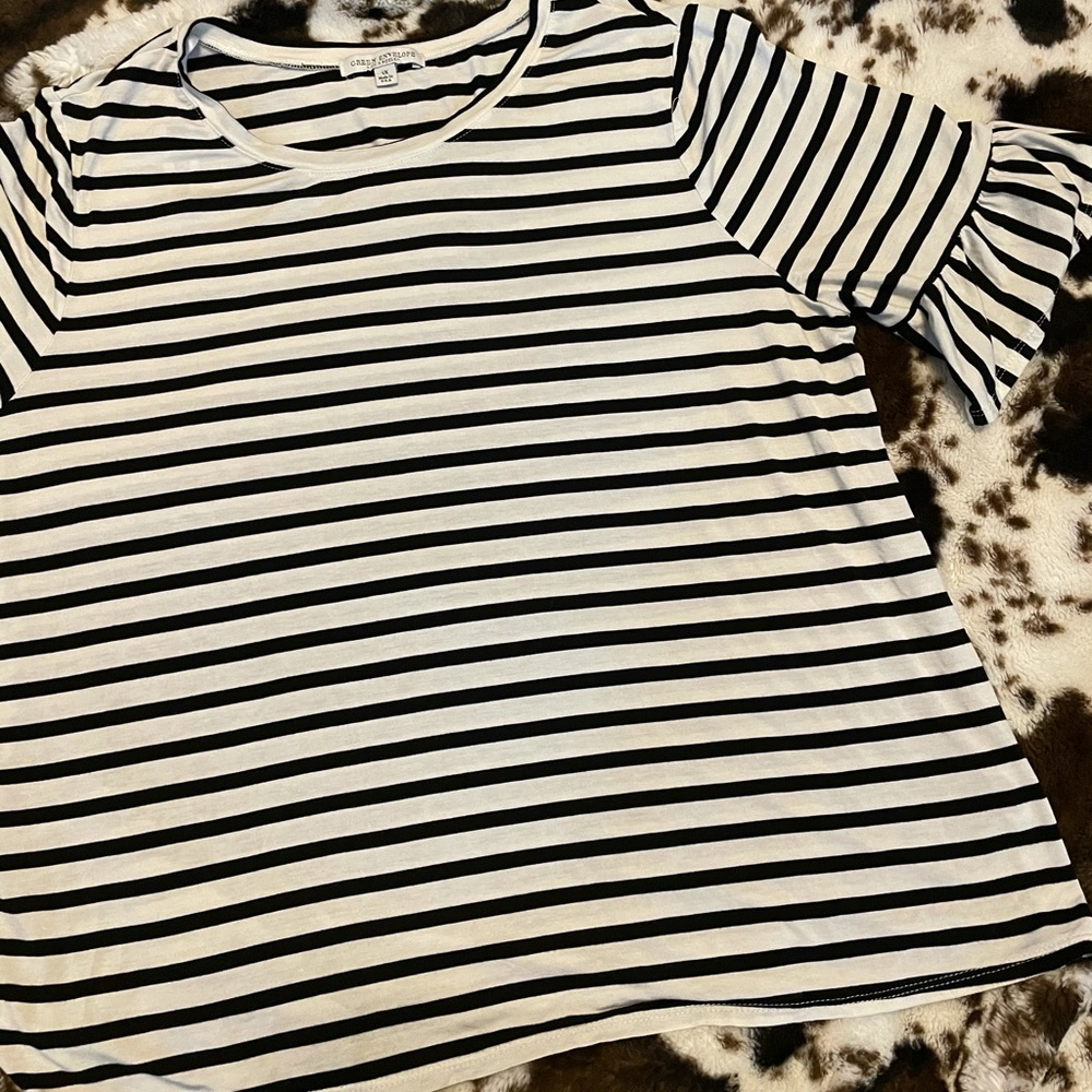 Green Envelope white and navy striped top 1X